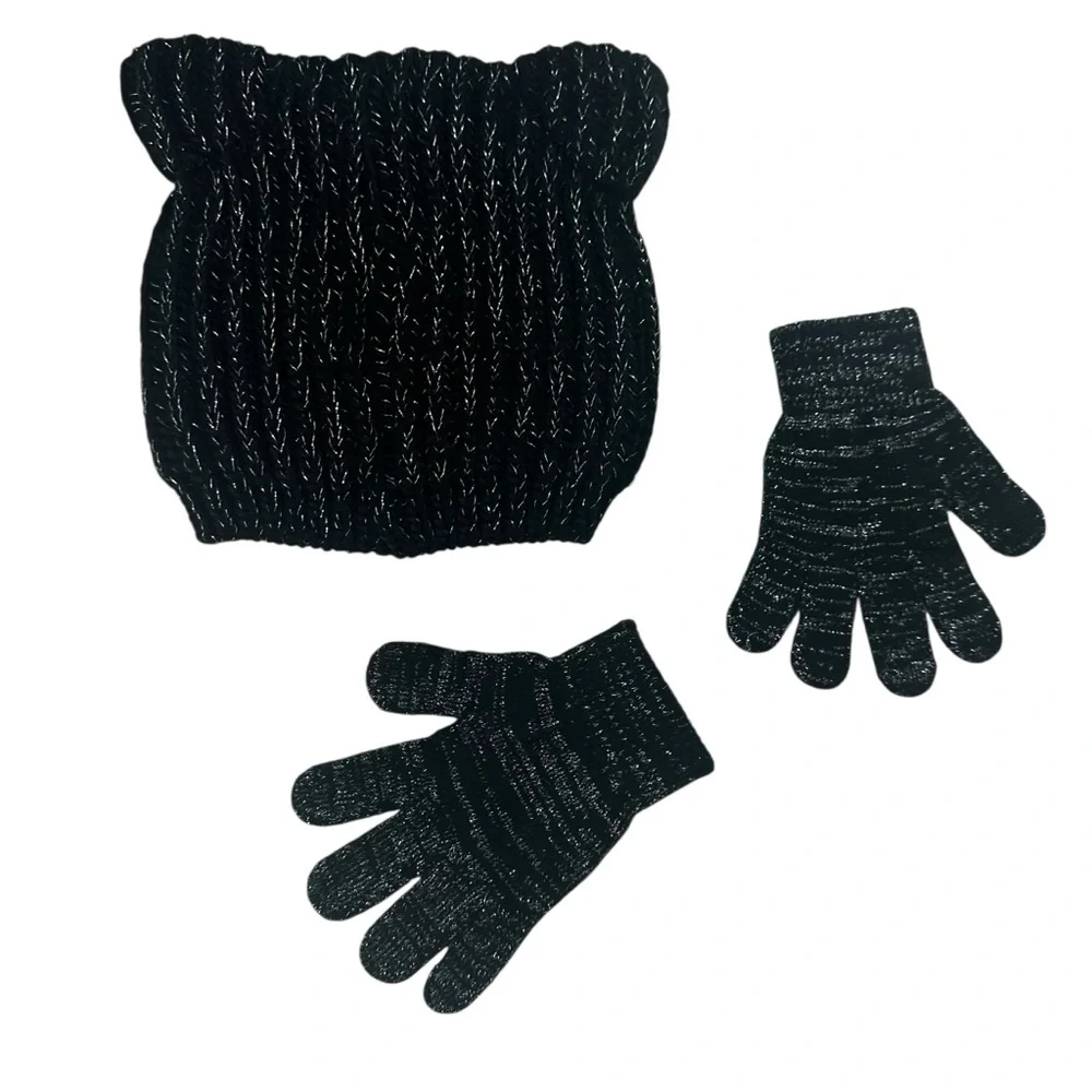 Toby Black Metallic Knit Beanie and Gloves Youth 4–14 Rhinestone Detail